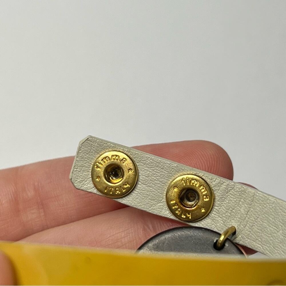 AUTH VTG Coco CHANEL Yellow Leather & Logo Charm Snap Button Bracelet Wrap Cuff - Picture 15 of 16